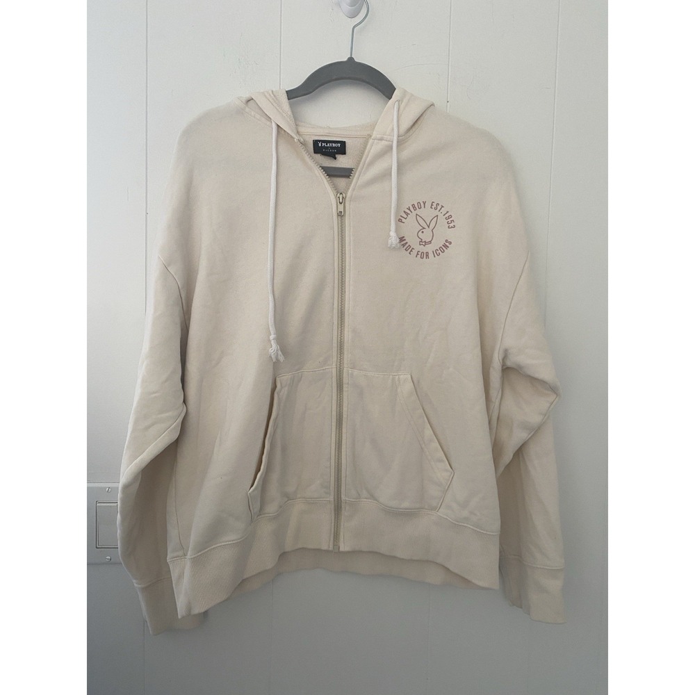 Playboy By‎ Pacsun Full Zip Hoodie Ivory Fleece Lining Pockets Adult XS Runs Lrg